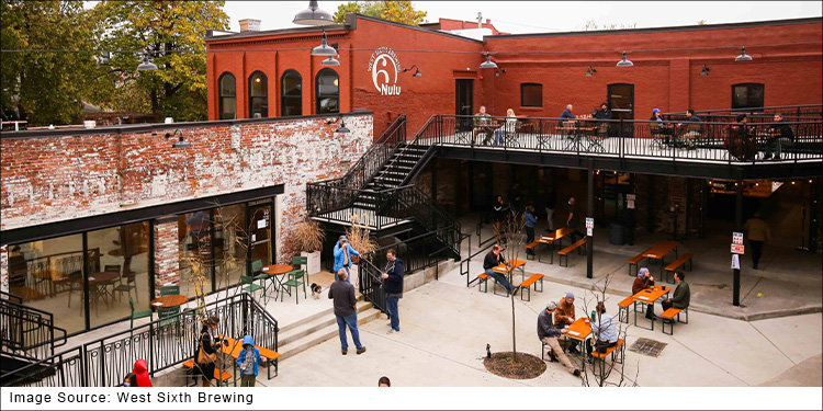 elevated view of patio at west sixth brewing